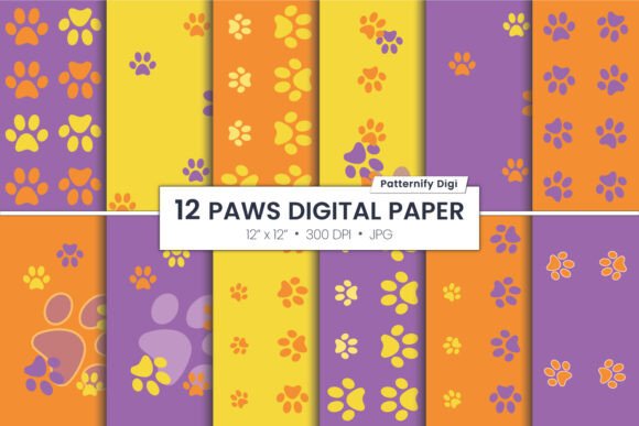 Purple and Orange Paws Digital Paper: A Playful Design Asset